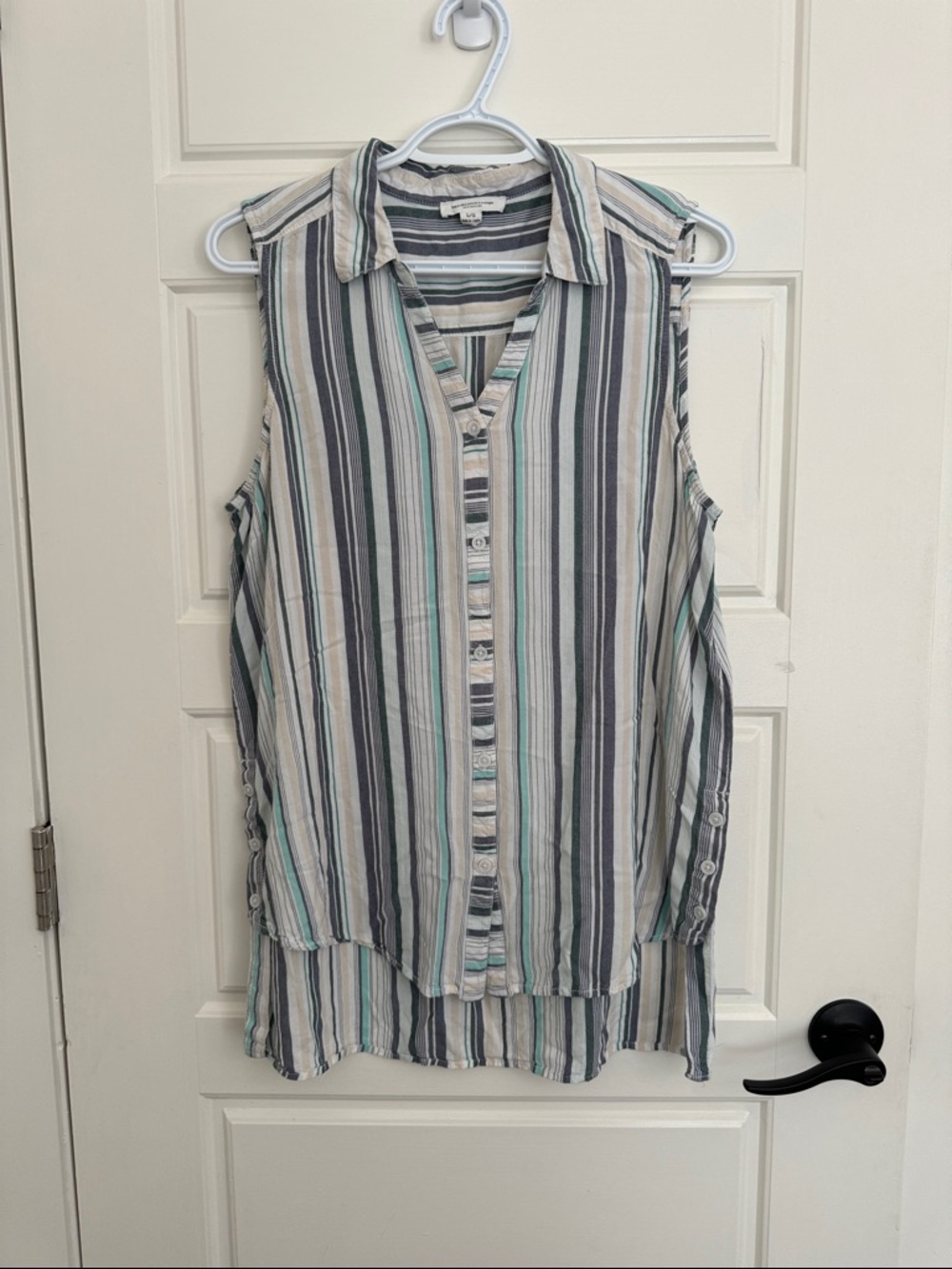 beachlunchlounge Sleeveless Striped Button-Up Top - White, Gray & Teal